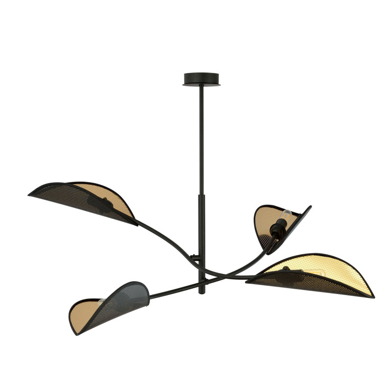 Plafonnier Design Lotus Métal 4 lampes Feuilles Noires et Dorées Style Ethnique 