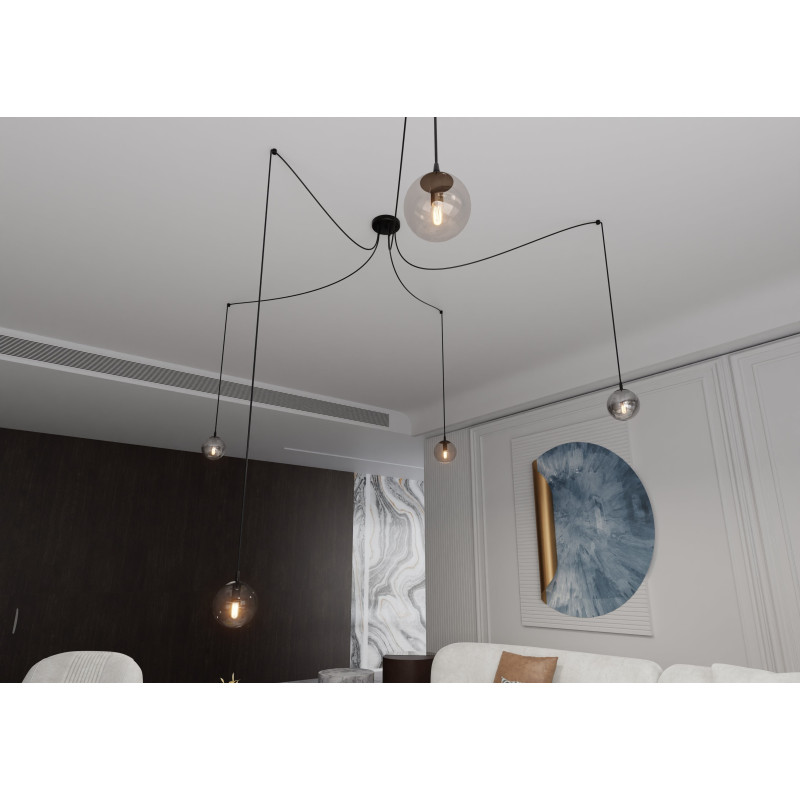 Suspension Design  Gigi Métal 5 lampes Boules Transparentes, Argentées et Ambrées Style Chic 