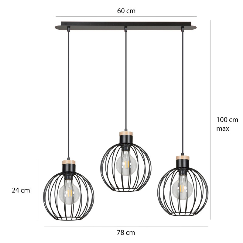 Suspension Design Barbade Métal et bois 3 lampes Rondes Cages Noires Style Moderne 