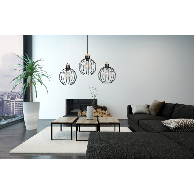 Suspension Design Barbade Métal et bois 3 lampes Rondes Cages Noires Style Moderne 