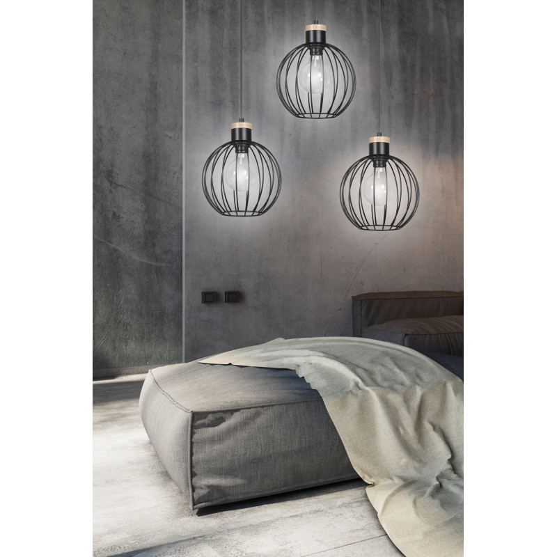 Suspension Design Barbade Métal et bois 3 lampes Rondes Cages Noires Style Moderne 