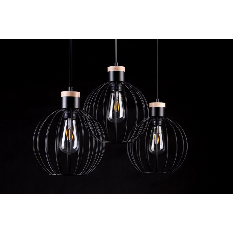 Suspension Design Barbade Métal et bois 3 lampes Rondes Cages Noires Style Moderne 