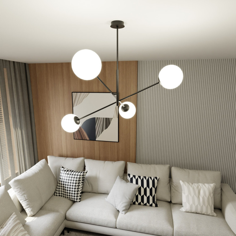 Suspension Design Linear Métal et Verre 4 lampes Boules Blanches Style Chic 