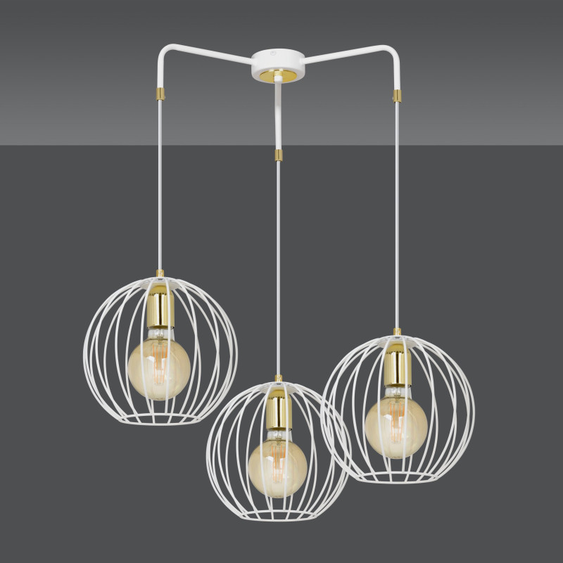 Suspension Design Albio Métal  3 lampes Rondes Cages Blanches Style Moderne 