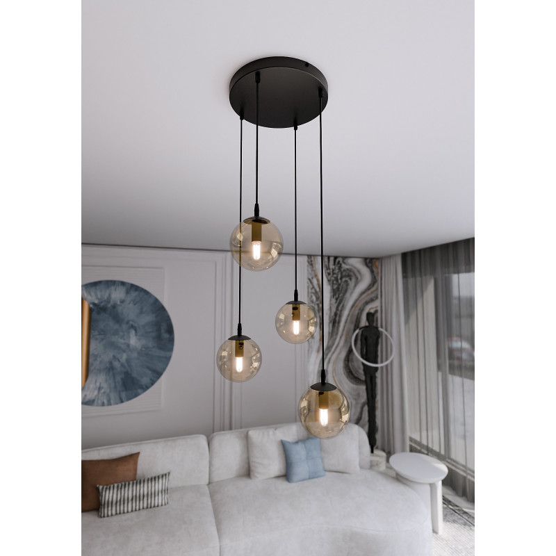 Suspension Design  Cosmo Métal 4 lampes Boules Ambrées Style Chic 