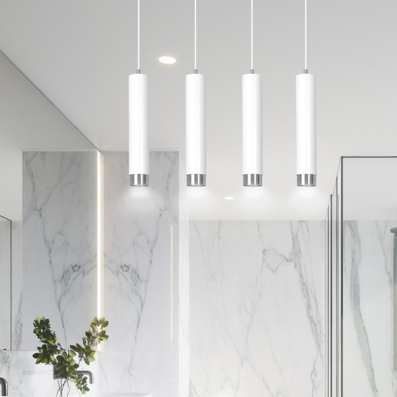 Suspension Design  Kibo Métal 4 lampes Tubes Blanches et CHROME Style Moderne 