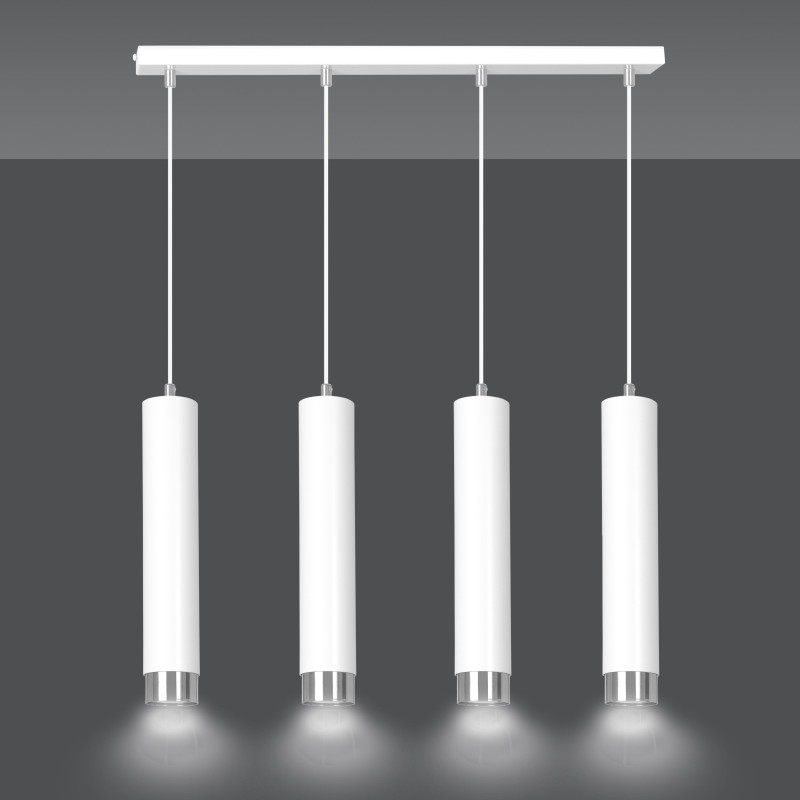 Suspension Design  Kibo Métal 4 lampes Tubes Blanches et CHROME Style Moderne 