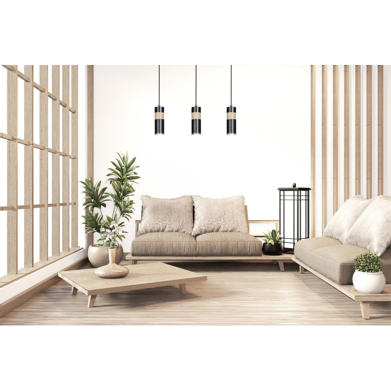 Suspension Design Akari Métal et Bois 3 lampes Tubes Noires Style Moderne 