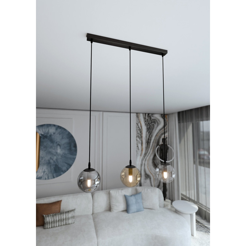 Suspension Design  Cosmo Métal 3 lampes Boules Transparentes et Argentées et Ambrées Style Chic 