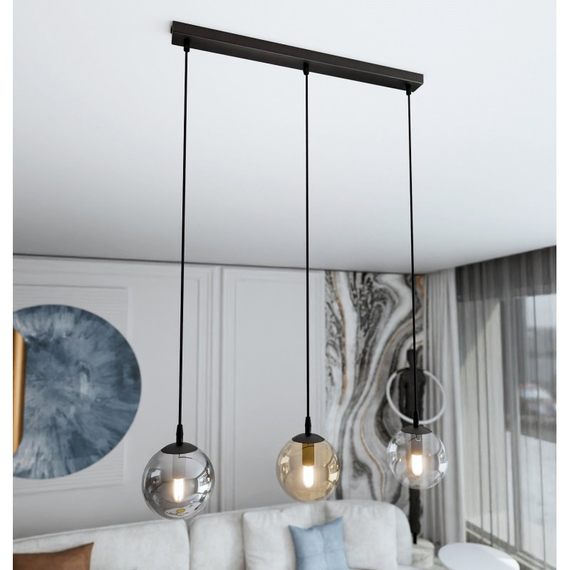 Suspension Design  Cosmo Métal 3 lampes Boules Transparentes et Argentées et Ambrées Style Chic 