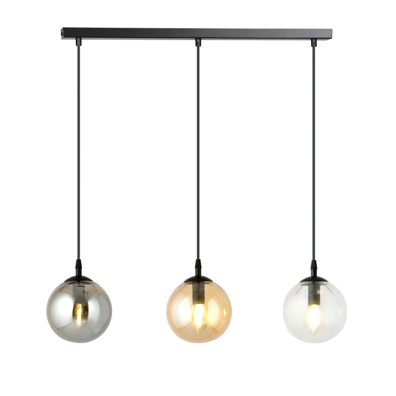 Suspension Design  Cosmo Métal 3 lampes Boules Transparentes et Argentées et Ambrées Style Chic 