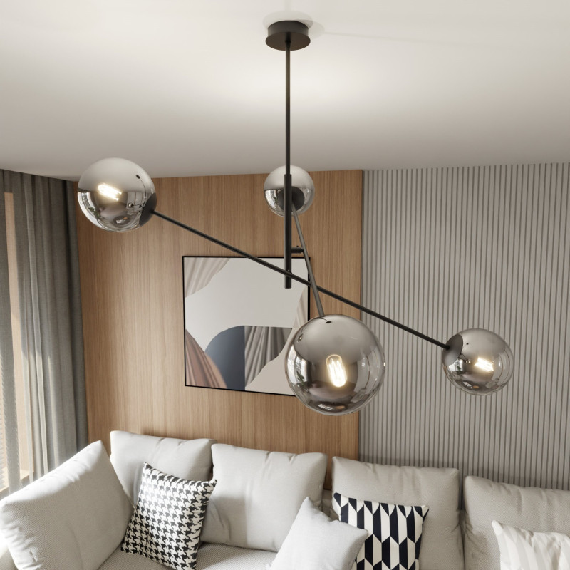 Suspension Design Linear Métal et Verre 4 lampes Boules Argentées Style Chic 