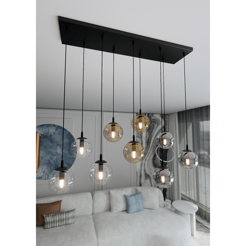 Suspension Design  Cosmo Métal 9 lampes Boules Transparentes et Argentées et Ambrées Style Chic 