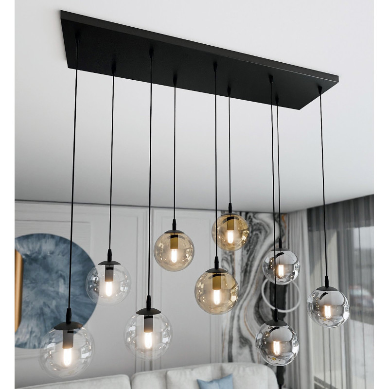 Suspension Design  Cosmo Métal 9 lampes Boules Transparentes et Argentées et Ambrées Style Chic 