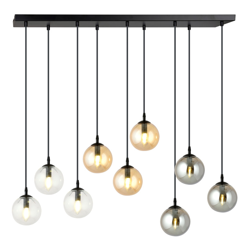 Suspension Design  Cosmo Métal 9 lampes Boules Transparentes et Argentées et Ambrées Style Chic 