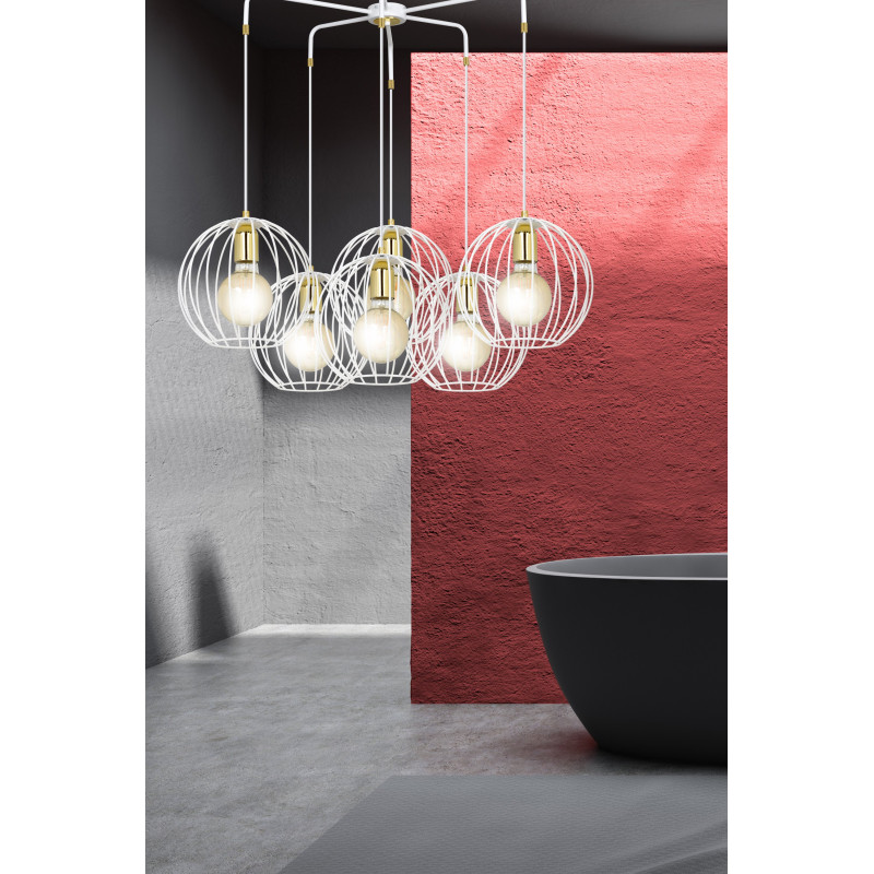 Suspension Design Albio Métal  6 lampes Rondes Cages Blanches Style Moderne 