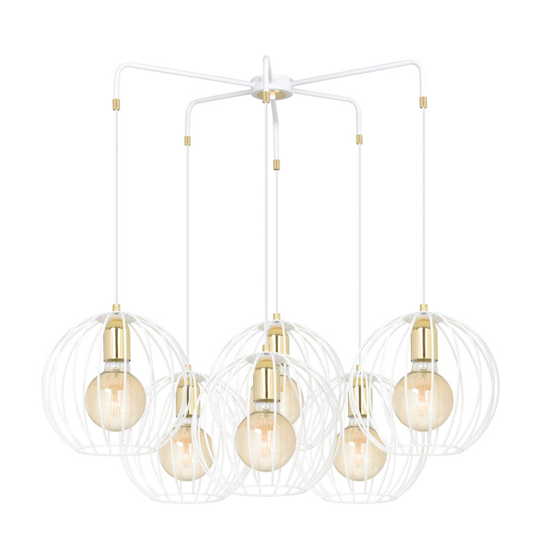 Suspension Design Albio Métal  6 lampes Rondes Cages Blanches Style Moderne 