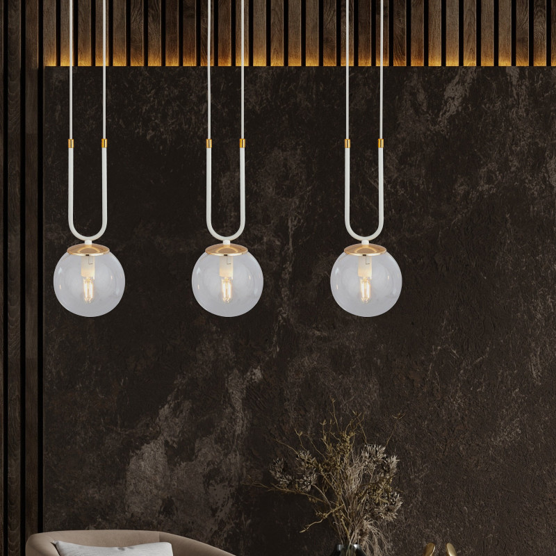 Suspension Design Glam Métal 3 lampes Boules Filiformes Blanches Style Chic 