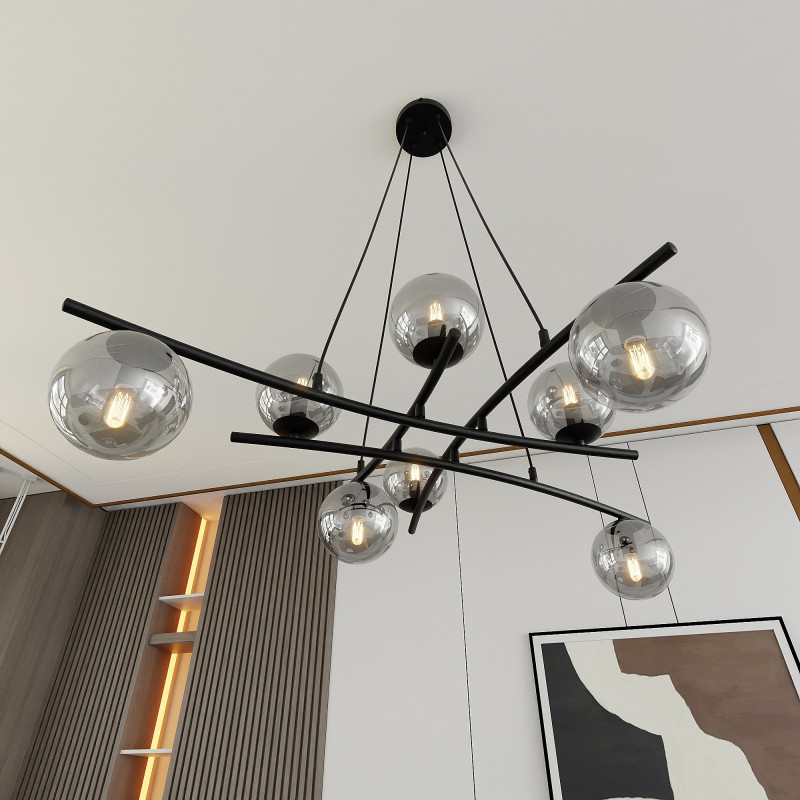 Suspension Design Essa Métal 8 lampes Boules Déportées Argentées Style Moderne 