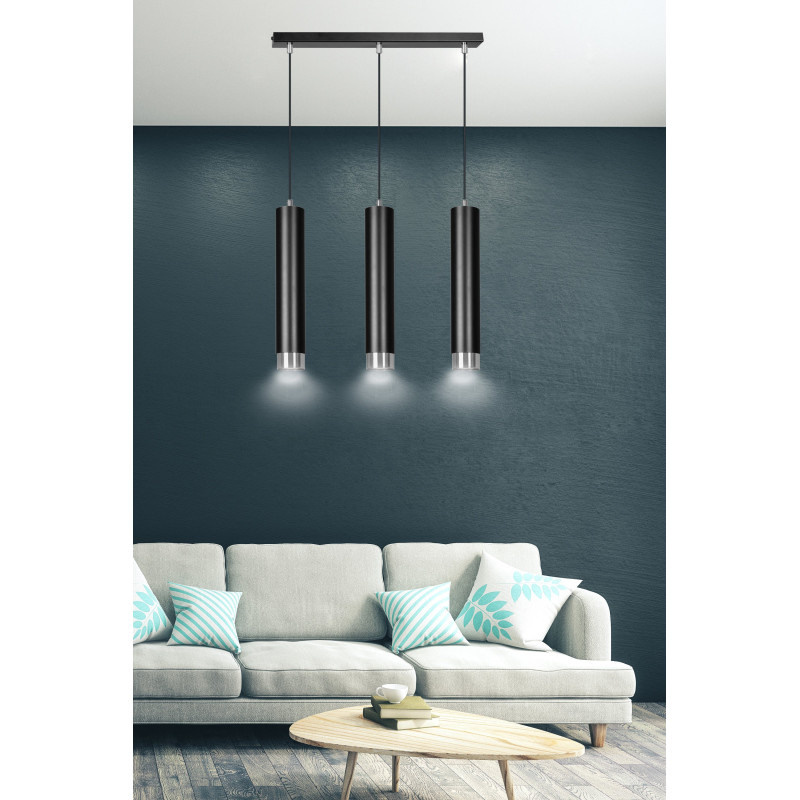 Suspension Design  Kibo Métal 3 lampes Tubes Noires et CHROME Style Moderne 