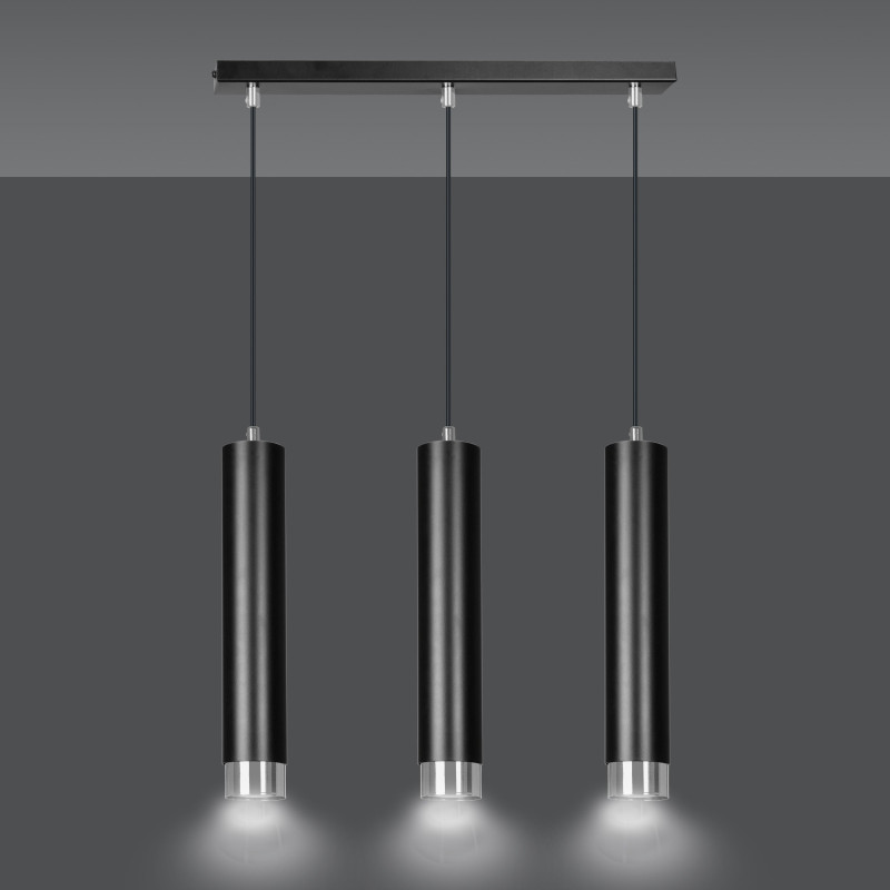 Suspension Design  Kibo Métal 3 lampes Tubes Noires et CHROME Style Moderne 