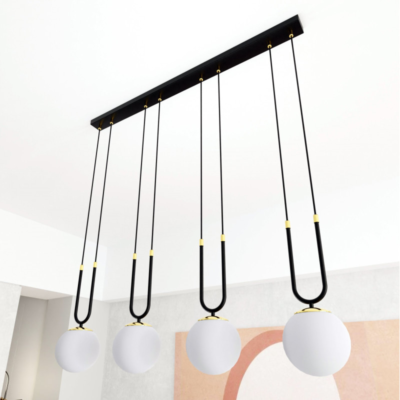 Suspension Design Glam Métal 4 lampes Boules Filiformes Blanches Style Chic 