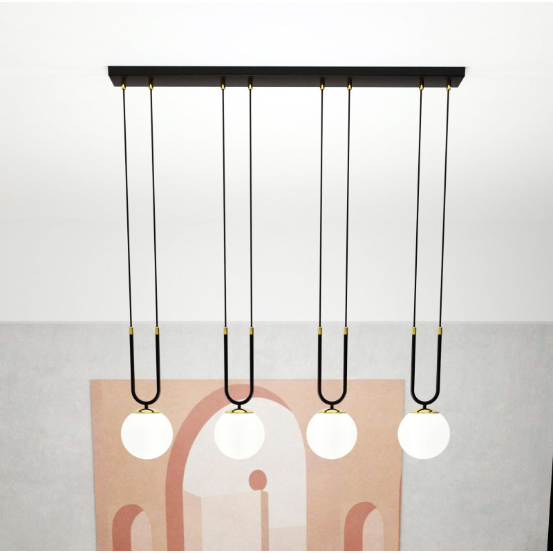 Suspension Design Glam Métal 4 lampes Boules Filiformes Blanches Style Chic 