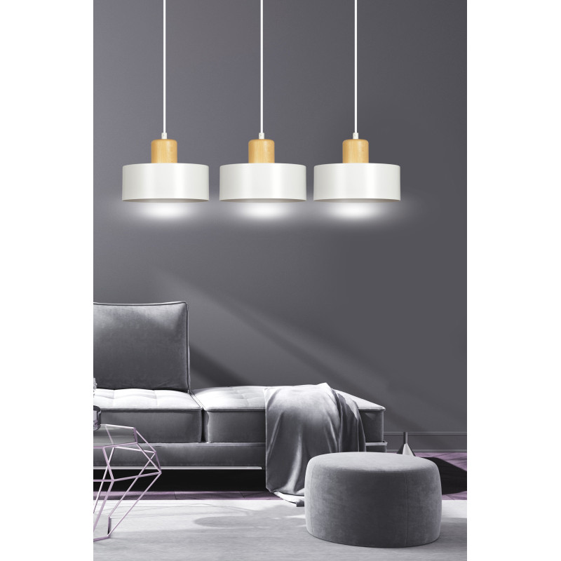 Suspension Design  Torin Métal et Bois 3 lampes Cylindres Blanches Style Minimaliste 