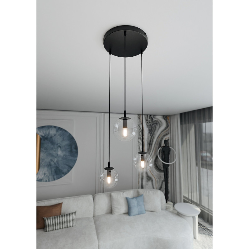 Suspension Design  Cosmo Métal 3 lampes Boules Transparentes Style Chic 