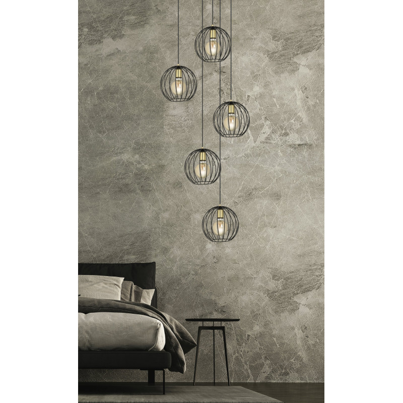 Suspension Design Albio Métal  6 lampes Rondes Cages Noires Style Moderne 