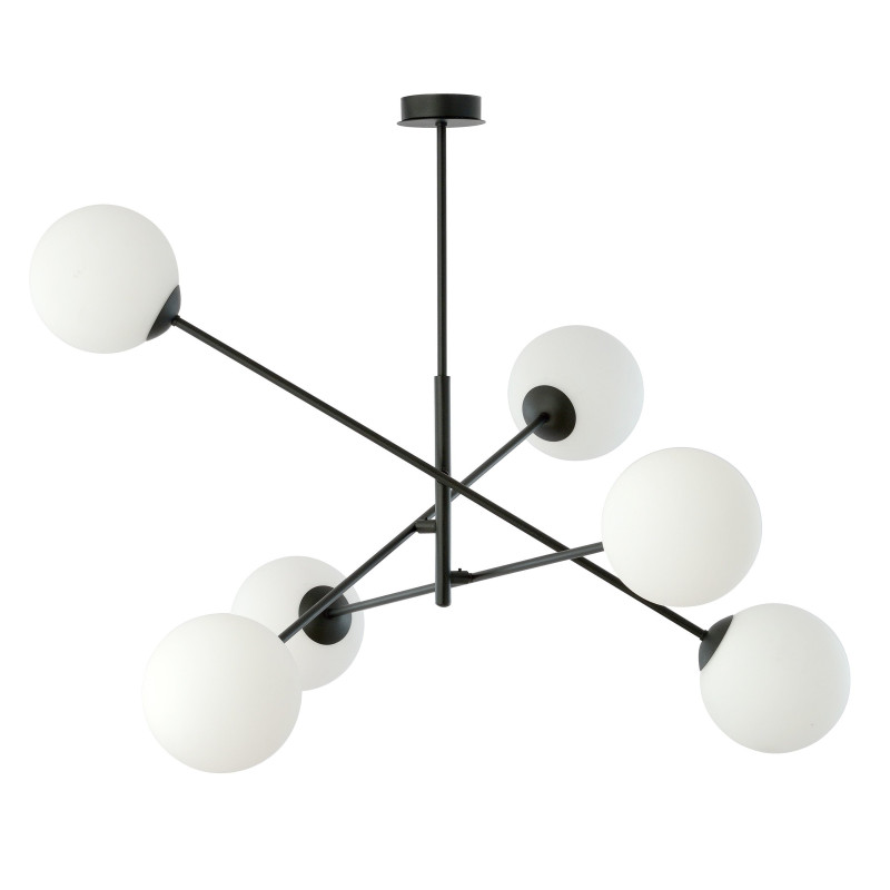 Suspension Design Linear Métal et Verre 6 lampes Boules Blanches Style Chic 