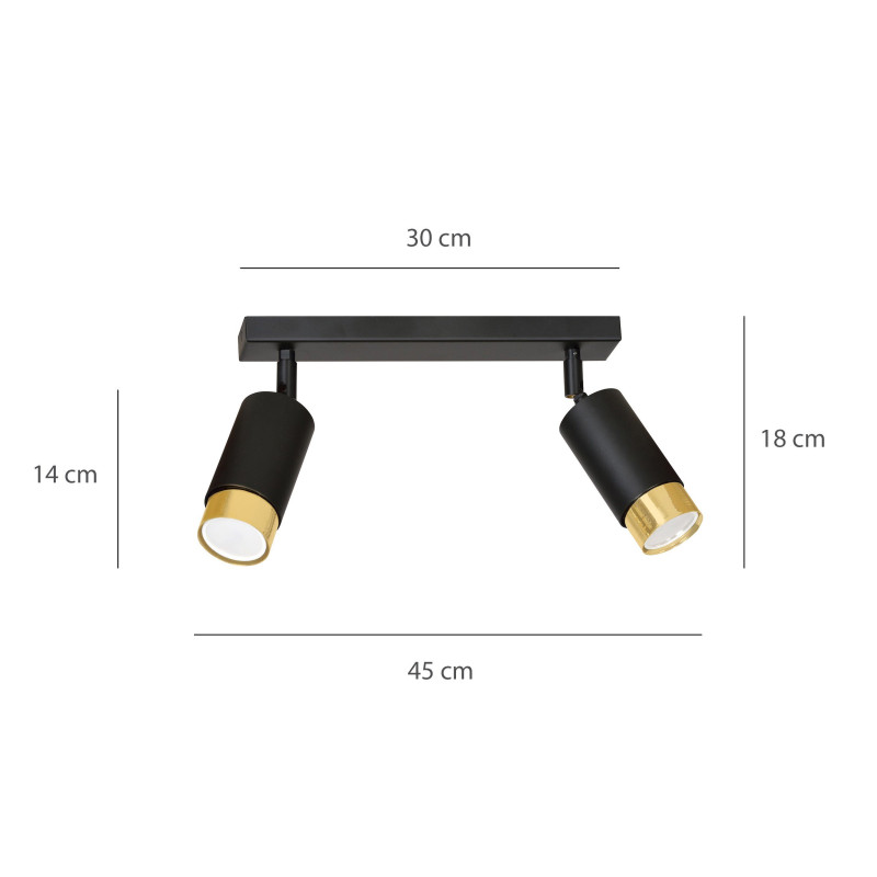 Plafonnier Design Hiro Métal 2 lampes Tubes Spots Noires et Dorées Style Moderne 