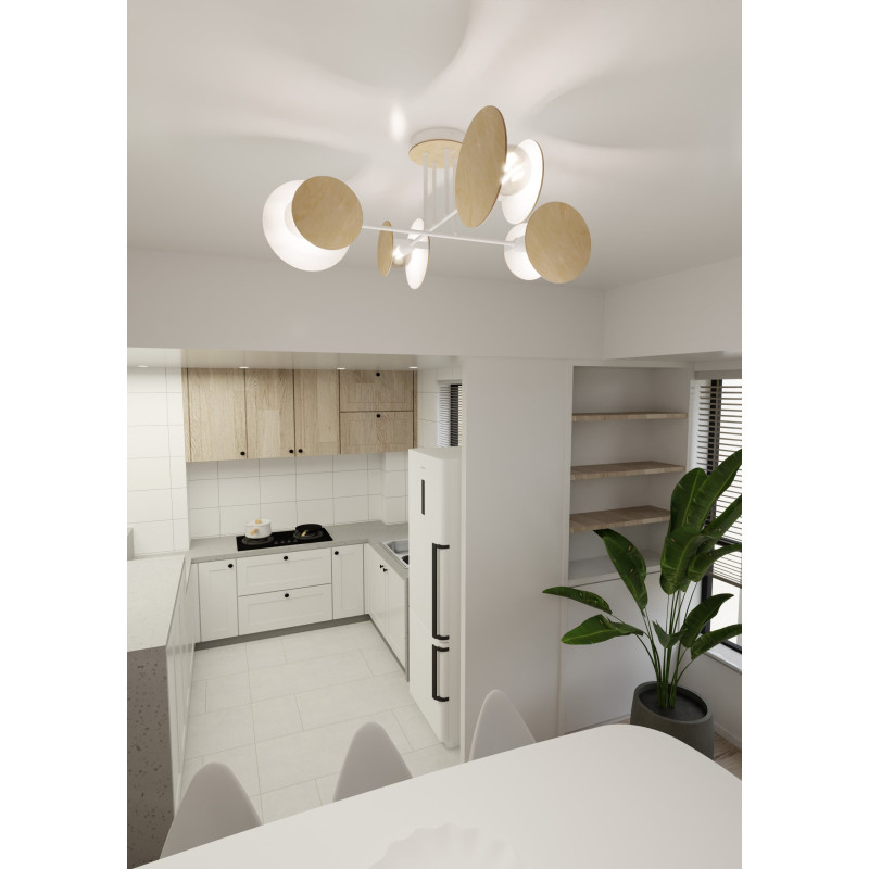 Plafonnier Design Zita Métal et Bois 4 lampes Cercles Blanches Style Minimaliste 