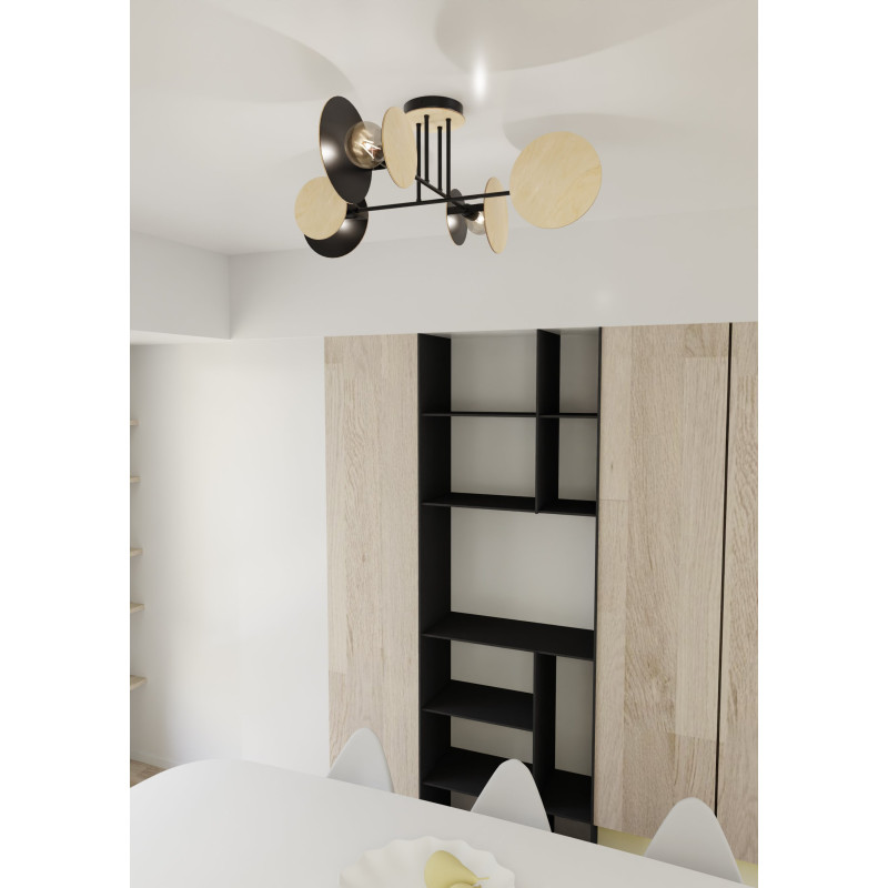 Plafonnier Design Zita Métal et Bois 4 lampes Cercles Noires Style Minimaliste 