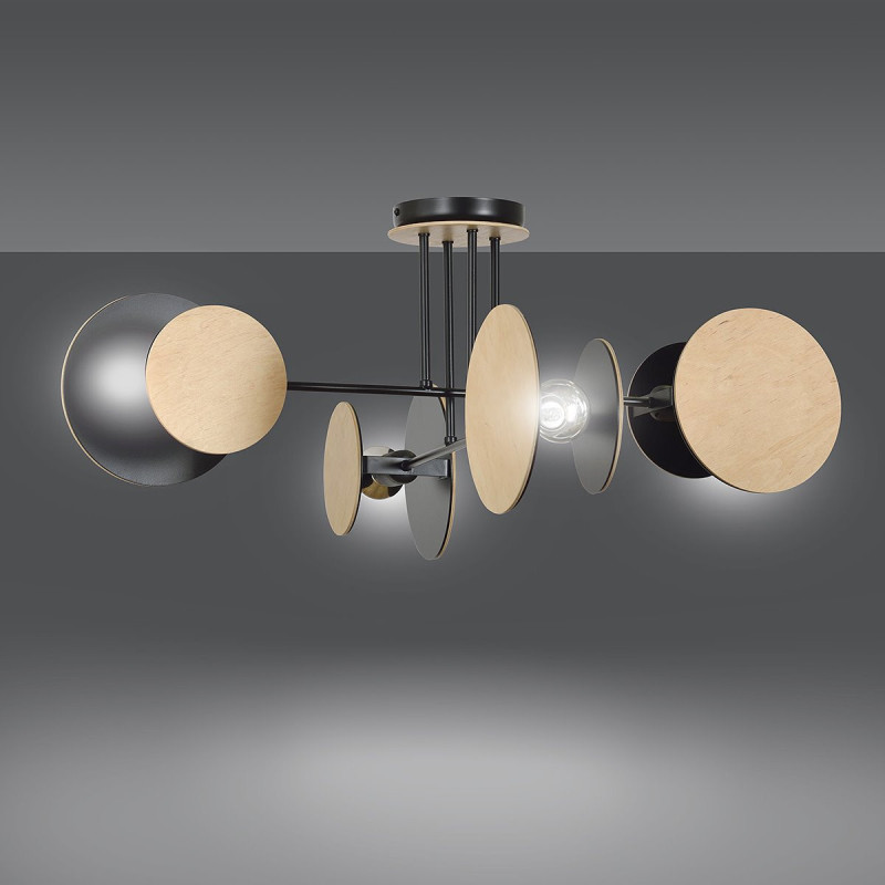 Plafonnier Design Zita Métal et Bois 4 lampes Cercles Noires Style Minimaliste 