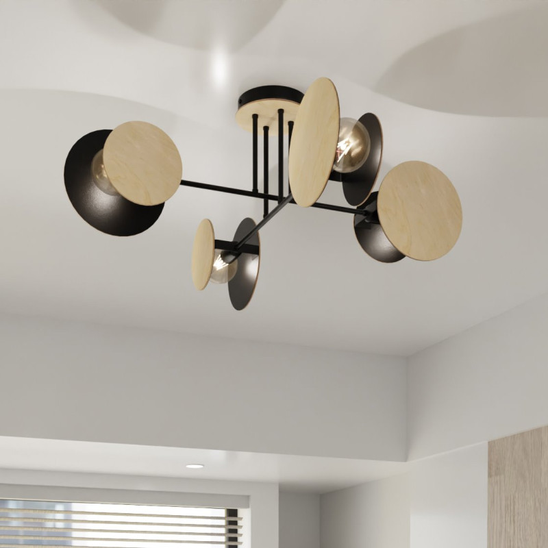 Plafonnier Design Zita Métal et Bois 4 lampes Cercles Noires Style Minimaliste 