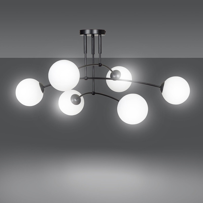 Plafonnier Design Pregos Métal 6 lampes Boules Déportées Blanches Style Minimaliste 