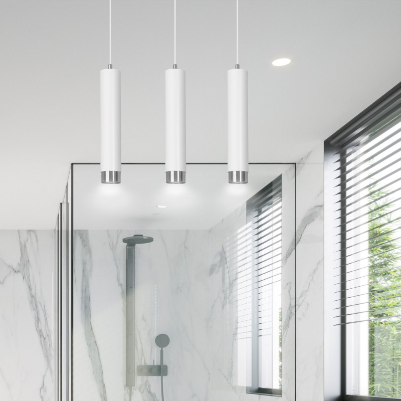 Suspension Design  Kibo Métal 3 lampes Tubes Blanches et CHROME Style Moderne 