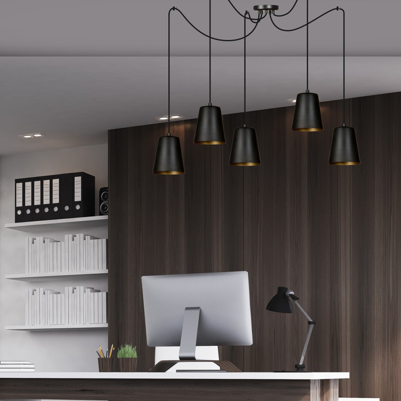 Suspension Design Link Métal  5 lampes Cloches Noires et Dorées Style Industriel 