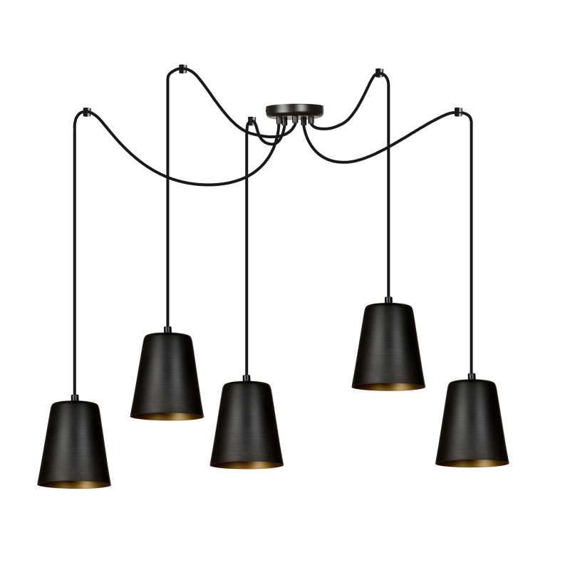 Suspension Design Link Métal  5 lampes Cloches Noires et Dorées Style Industriel 