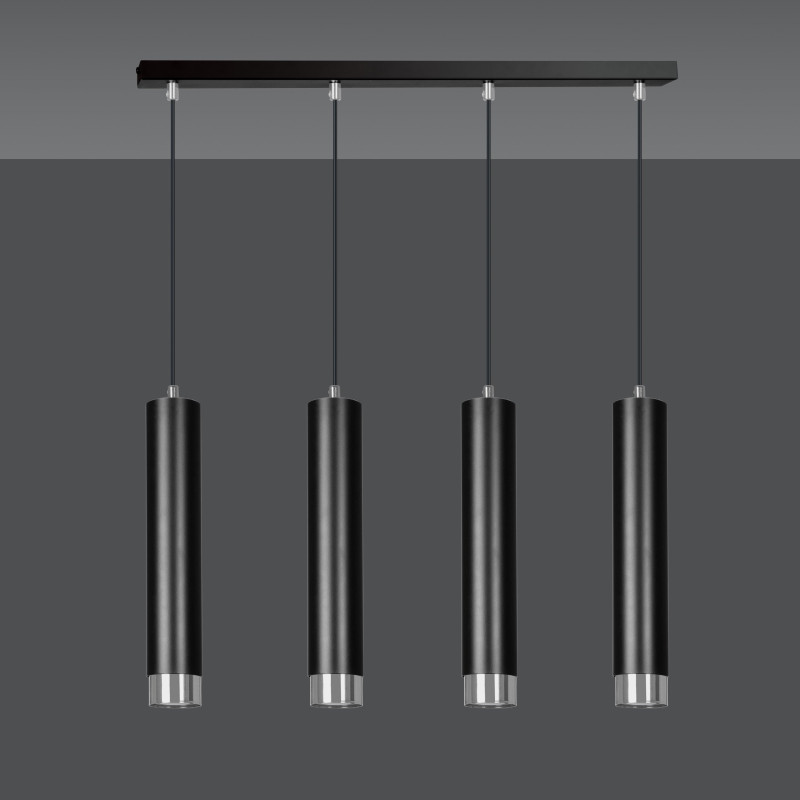 Suspension Design  Kibo Métal 4 lampes Tubes Noires et CHROME Style Moderne 