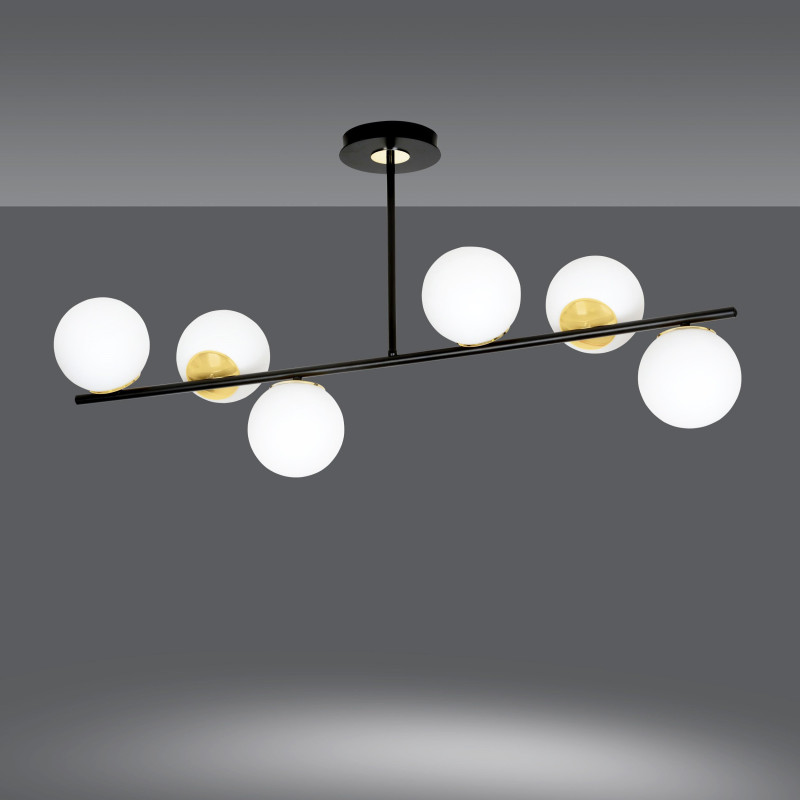 Plafonnier Design Floki Métal 6 lampes Déportées Noires et Dorées Style Minimaliste 