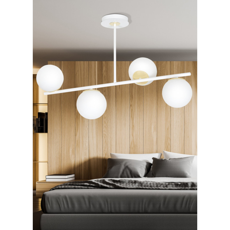 Plafonnier Design Floki Métal 4 lampes Déportées Blanches et Dorées Style Minimaliste 