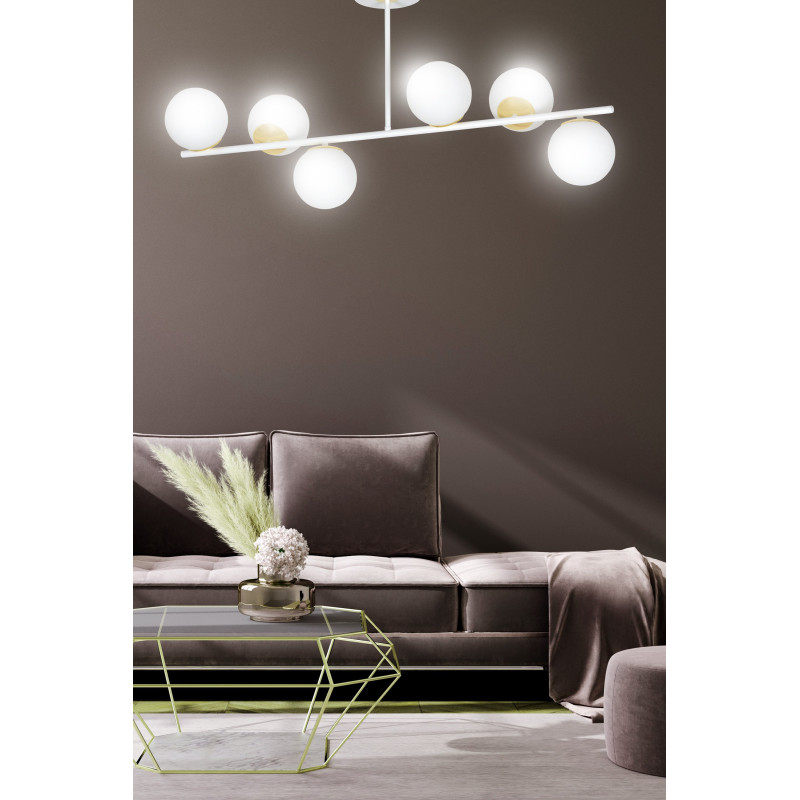 Plafonnier Design Floki Métal 4 lampes Déportées Blanches et Dorées Style Minimaliste 