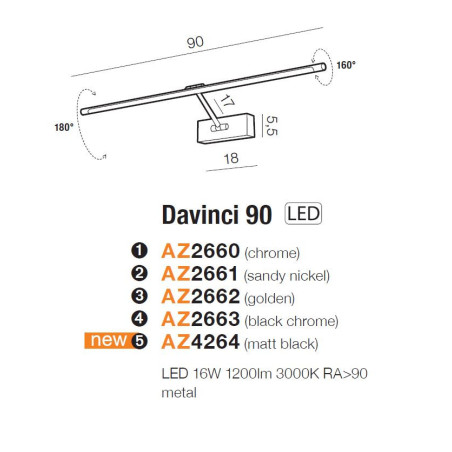 Applique DAVINCI 90 LED 16W 3000K - chrome noir 