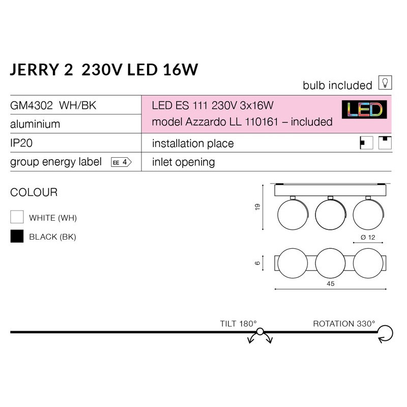 Applique et plafonnier JERRY 3 G5.3 3x50W 12V noir 