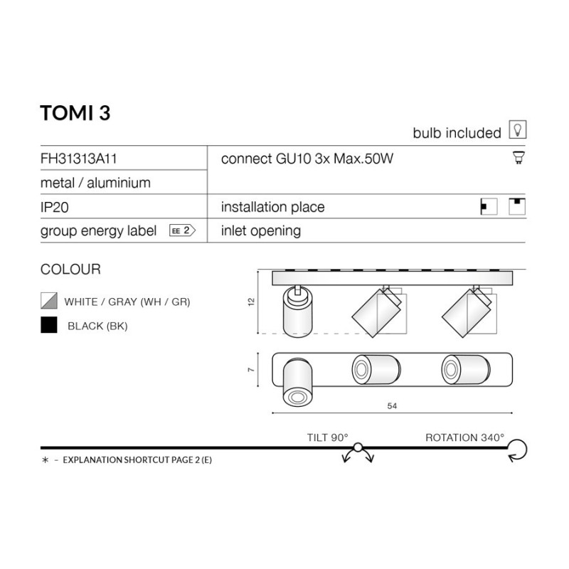 Applique et plafonnier TOMI 3 GU10 3x50W noir 