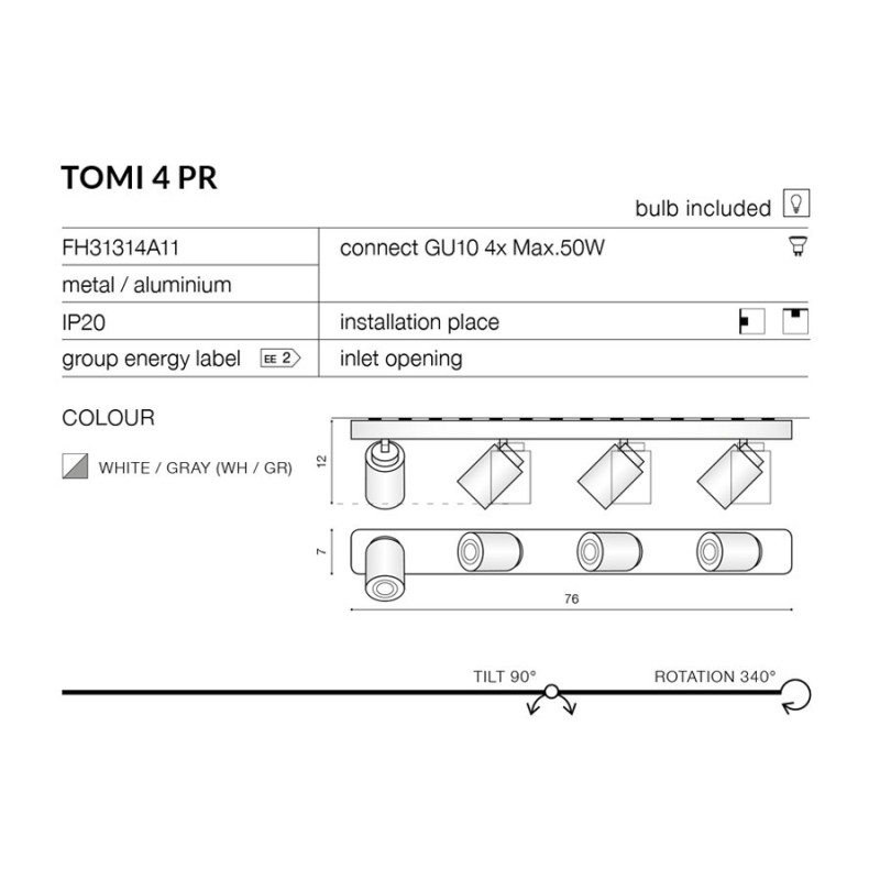 Applique et plafonnier TOMI 4 PR GU10 4x50W blanc, gris 