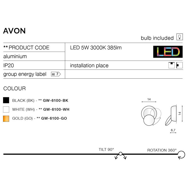 Applique murale AVON LED 5W or 