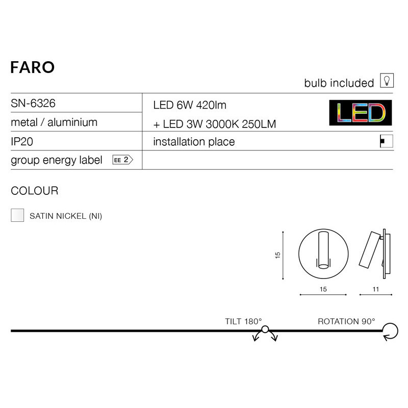 Applique murale FARO LED 6W + 3W nickel satiné 